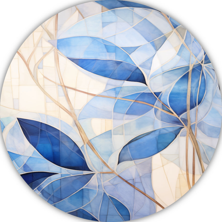 Minimalistisch schilderij met blauwe bladeren aluminium muurcirkel