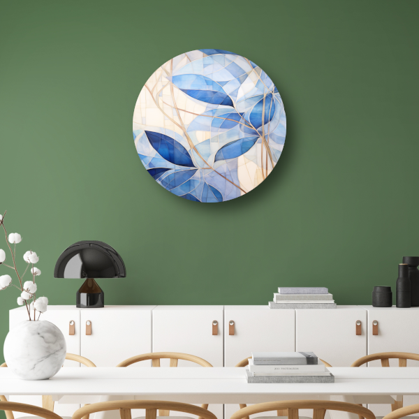 Minimalistisch schilderij met blauwe bladeren aluminium muurcirkel
