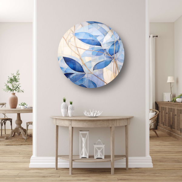 Minimalistisch schilderij met blauwe bladeren aluminium muurcirkel
