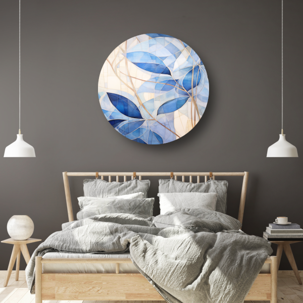 Minimalistisch schilderij met blauwe bladeren aluminium muurcirkel