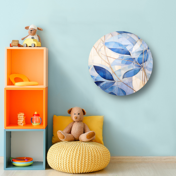 Minimalistisch schilderij met blauwe bladeren aluminium muurcirkel