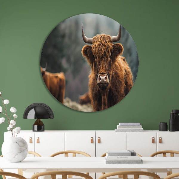 Schotse Hooglander in mistig boslandschap forex muurcirkel