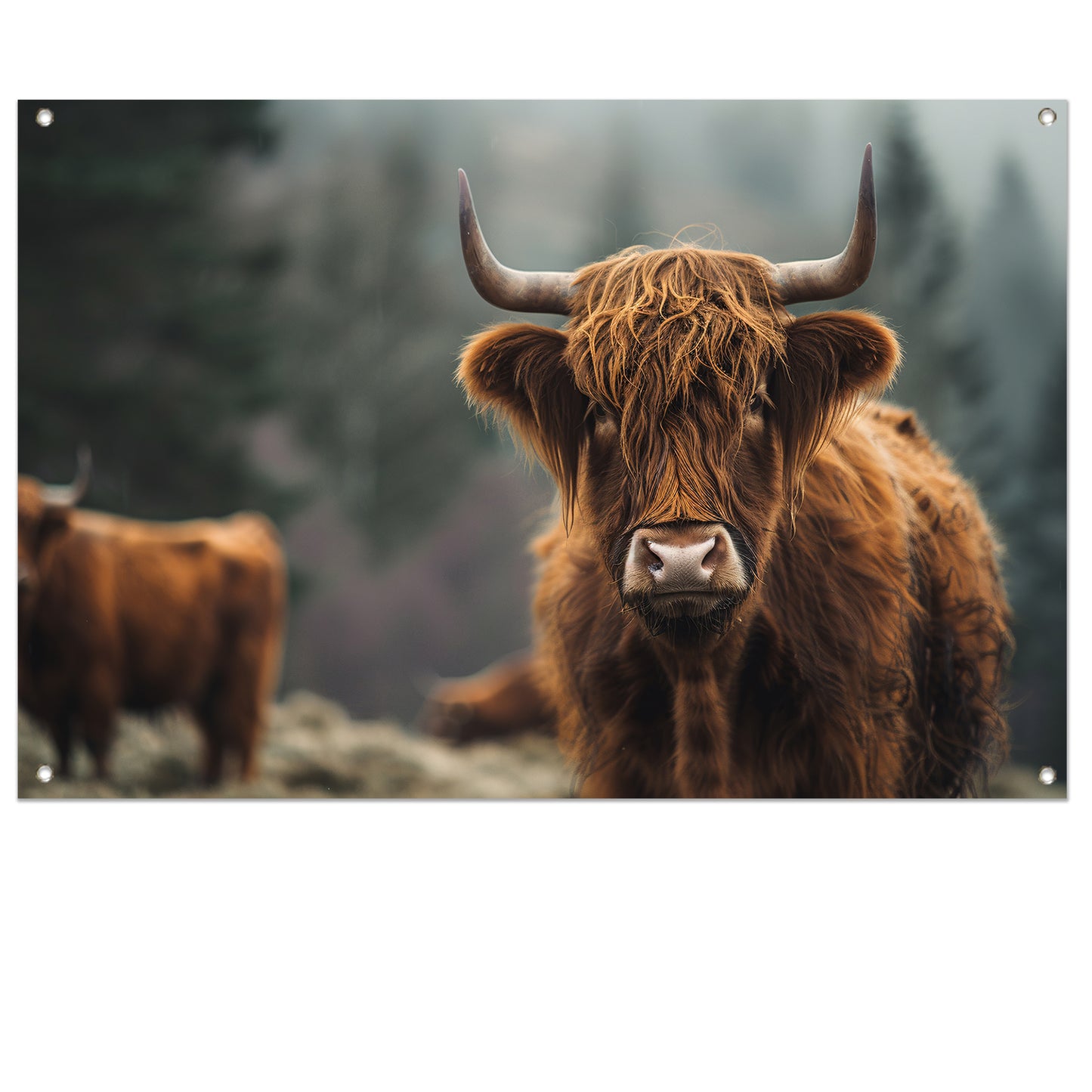 Schotse Hooglander in mistig boslandschap tuinposter