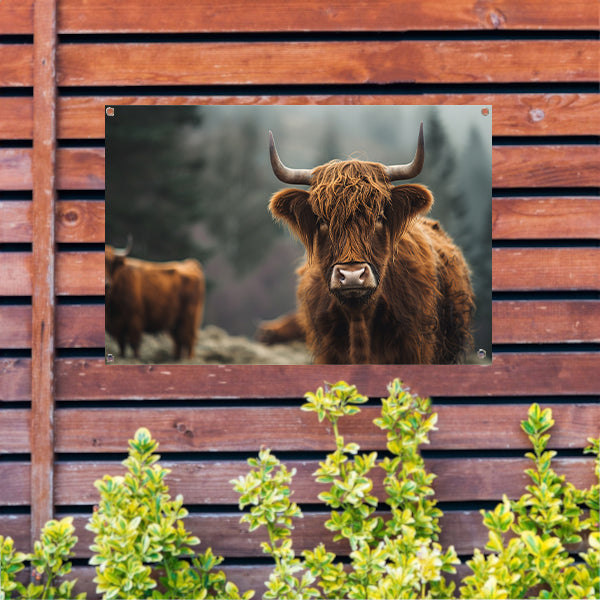 Schotse Hooglander in mistig boslandschap tuinposter