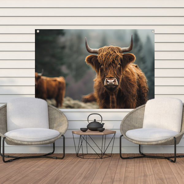 Schotse Hooglander in mistig boslandschap tuinposter