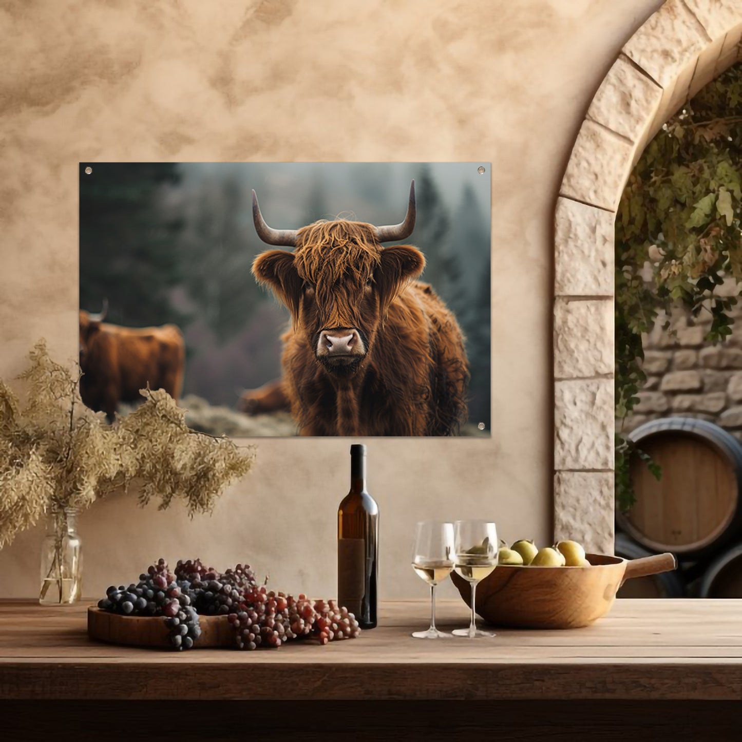 Schotse Hooglander in mistig boslandschap tuinposter