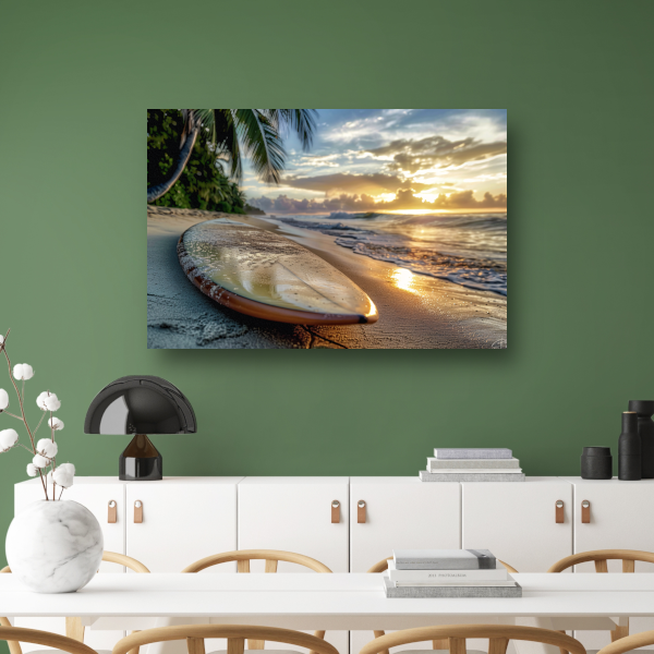Zonsondergang met surfboard canvas