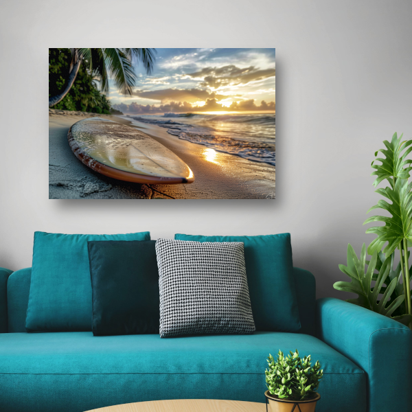 Zonsondergang met surfboard canvas