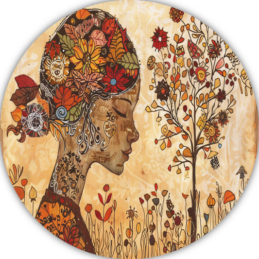 Vrouwelijk Profiel met Natuurlijke Elementen aluminium muurcirkel