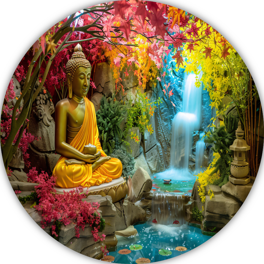 Meditatieve Boeddha in Herfstkleurige Oase aluminium muurcirkel