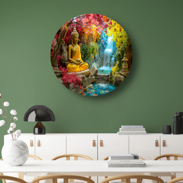 Meditatieve Boeddha in Herfstkleurige Oase aluminium muurcirkel