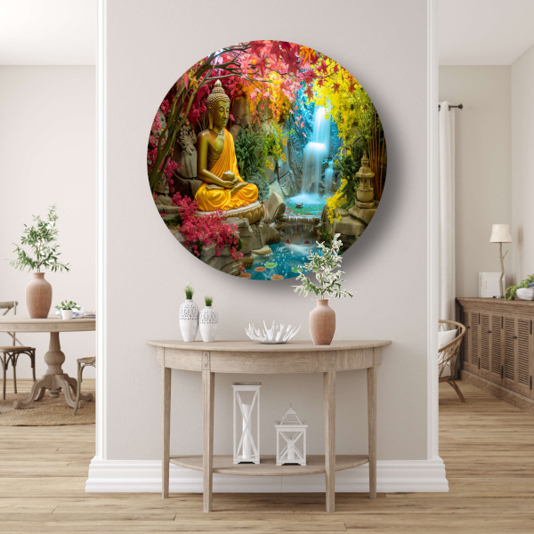 Meditatieve Boeddha in Herfstkleurige Oase aluminium muurcirkel