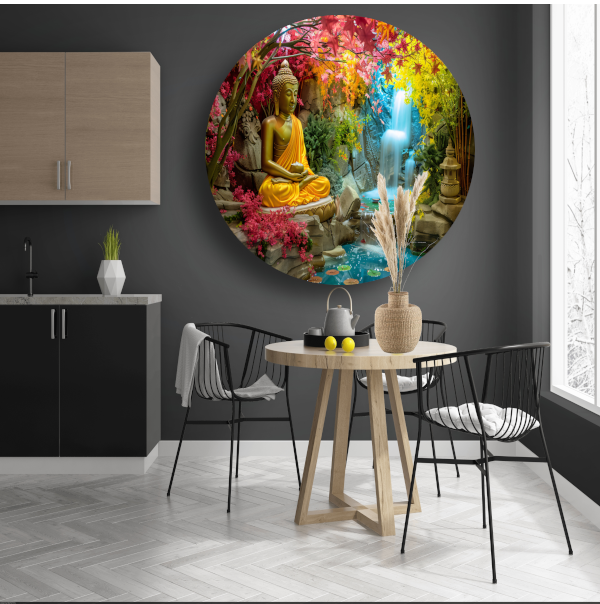 Meditatieve Boeddha in Herfstkleurige Oase aluminium muurcirkel