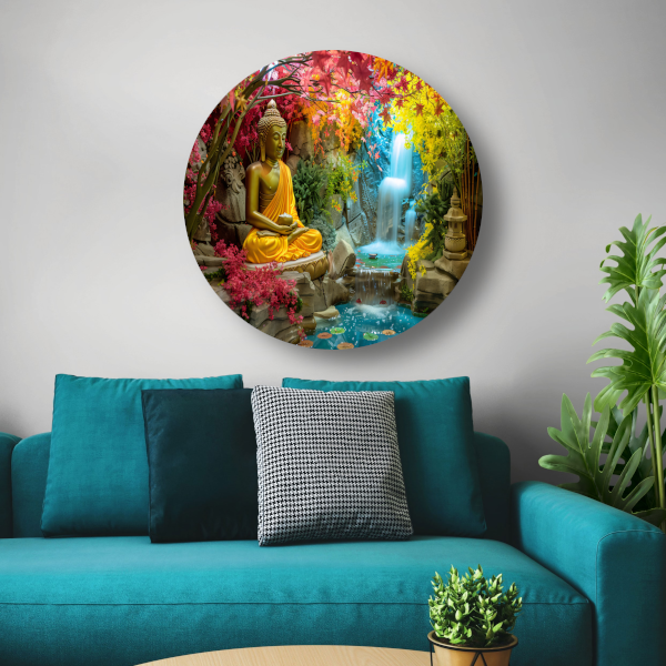 Meditatieve Boeddha in Herfstkleurige Oase aluminium muurcirkel
