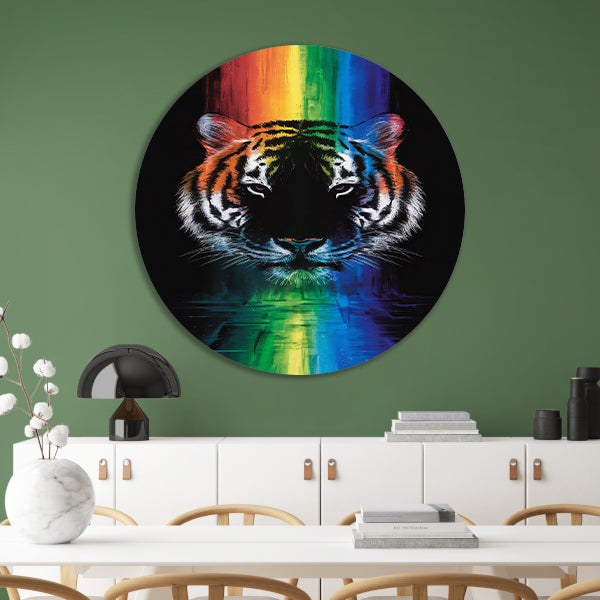 Majestueuze tijger met regenboogkleuren forex muurcirkel