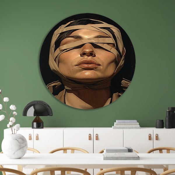 Vrouw met verband over ogen in surrealistische stijl aluminium muurcirkel