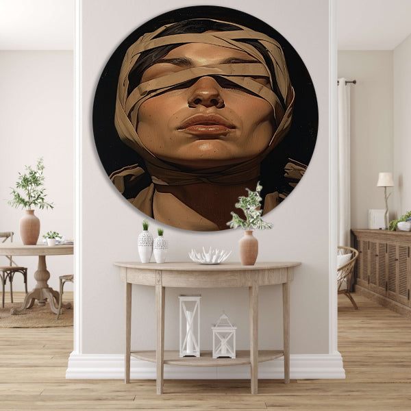 Vrouw met verband over ogen in surrealistische stijl aluminium muurcirkel