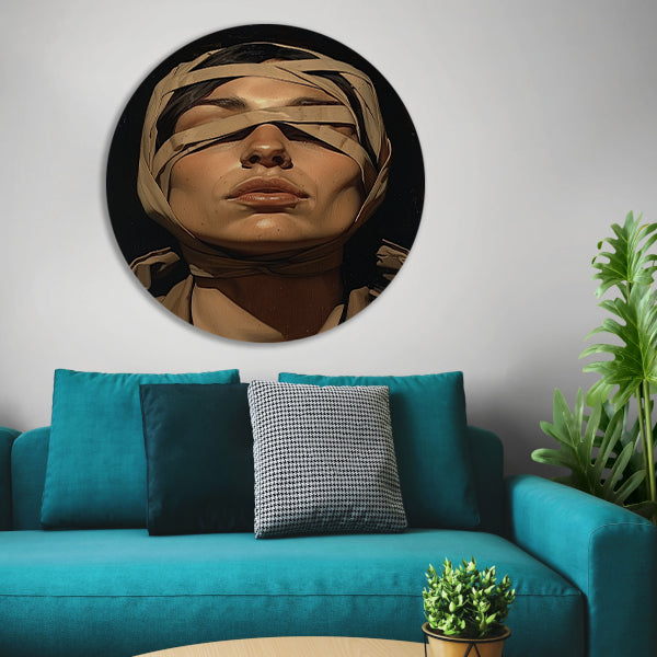 Vrouw met verband over ogen in surrealistische stijl aluminium muurcirkel