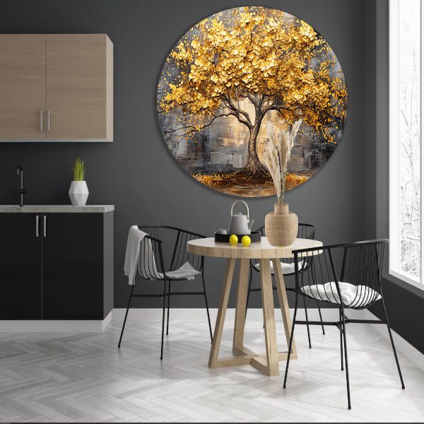 Boom met gouden bladeren tegen abstracte achtergrond aluminium muurcirkel
