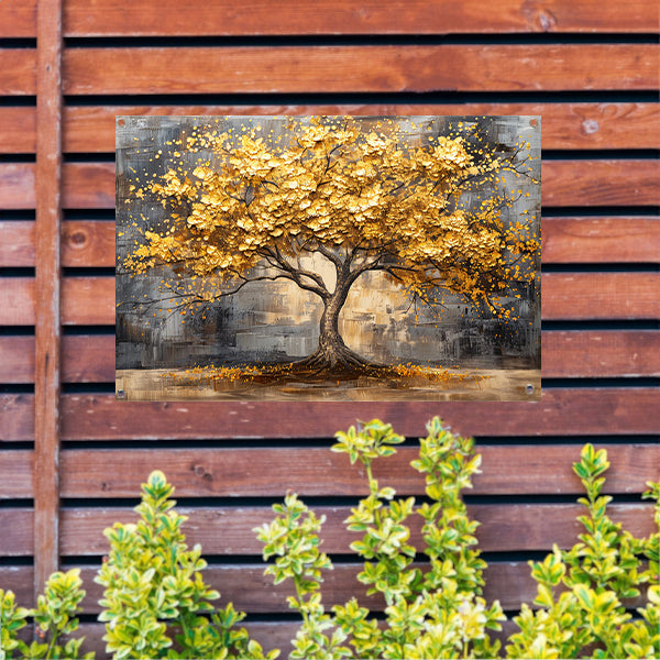 Boom met gouden bladeren tegen abstracte achtergrond tuinposter