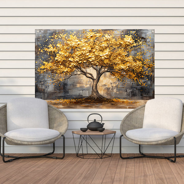 Boom met gouden bladeren tegen abstracte achtergrond tuinposter