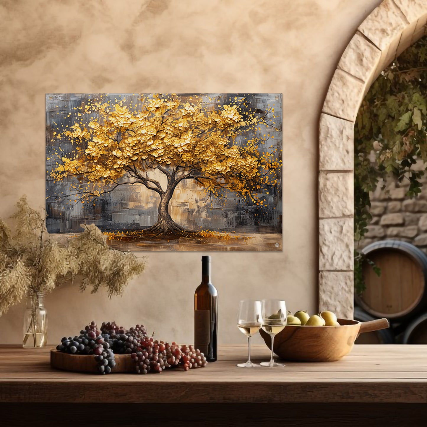 Boom met gouden bladeren tegen abstracte achtergrond tuinposter