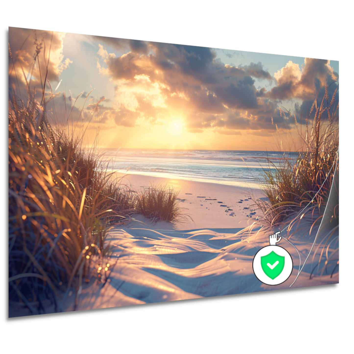 Betoverende zonsondergang op het strand met levendige kleuren poster