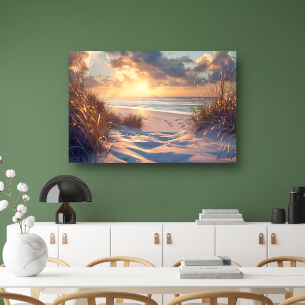 Betoverende zonsondergang op het strand met levendige kleuren canvas
