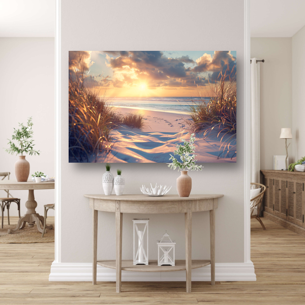 Betoverende zonsondergang op het strand met levendige kleuren canvas