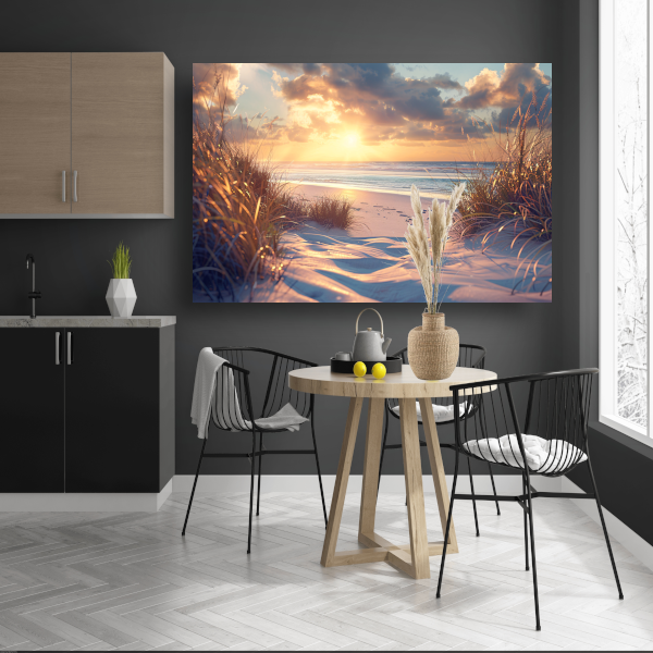 Betoverende zonsondergang op het strand met levendige kleuren canvas