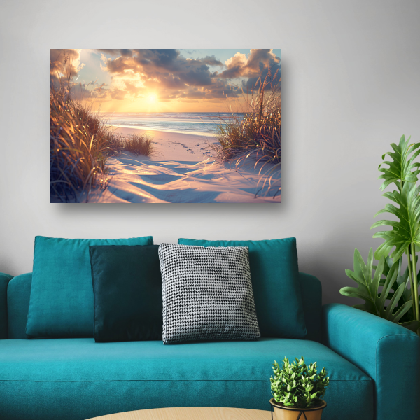Betoverende zonsondergang op het strand met levendige kleuren canvas