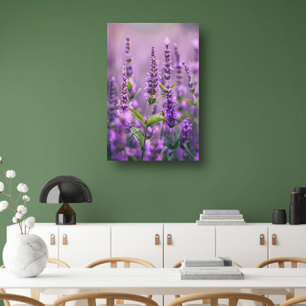 Close-up van bloeiende lavendelbloemen in paars canvas
