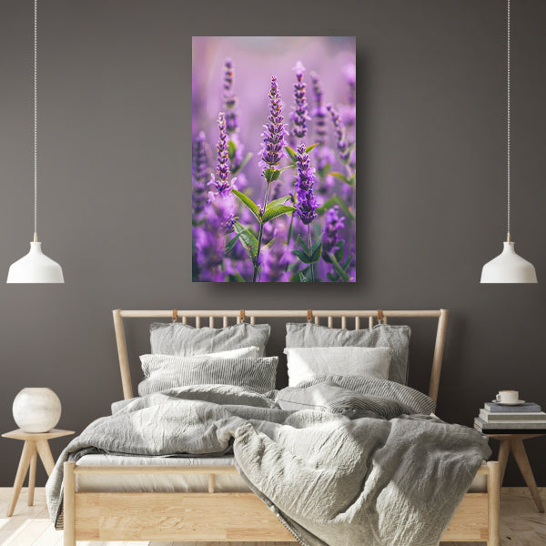 Close-up van bloeiende lavendelbloemen in paars canvas