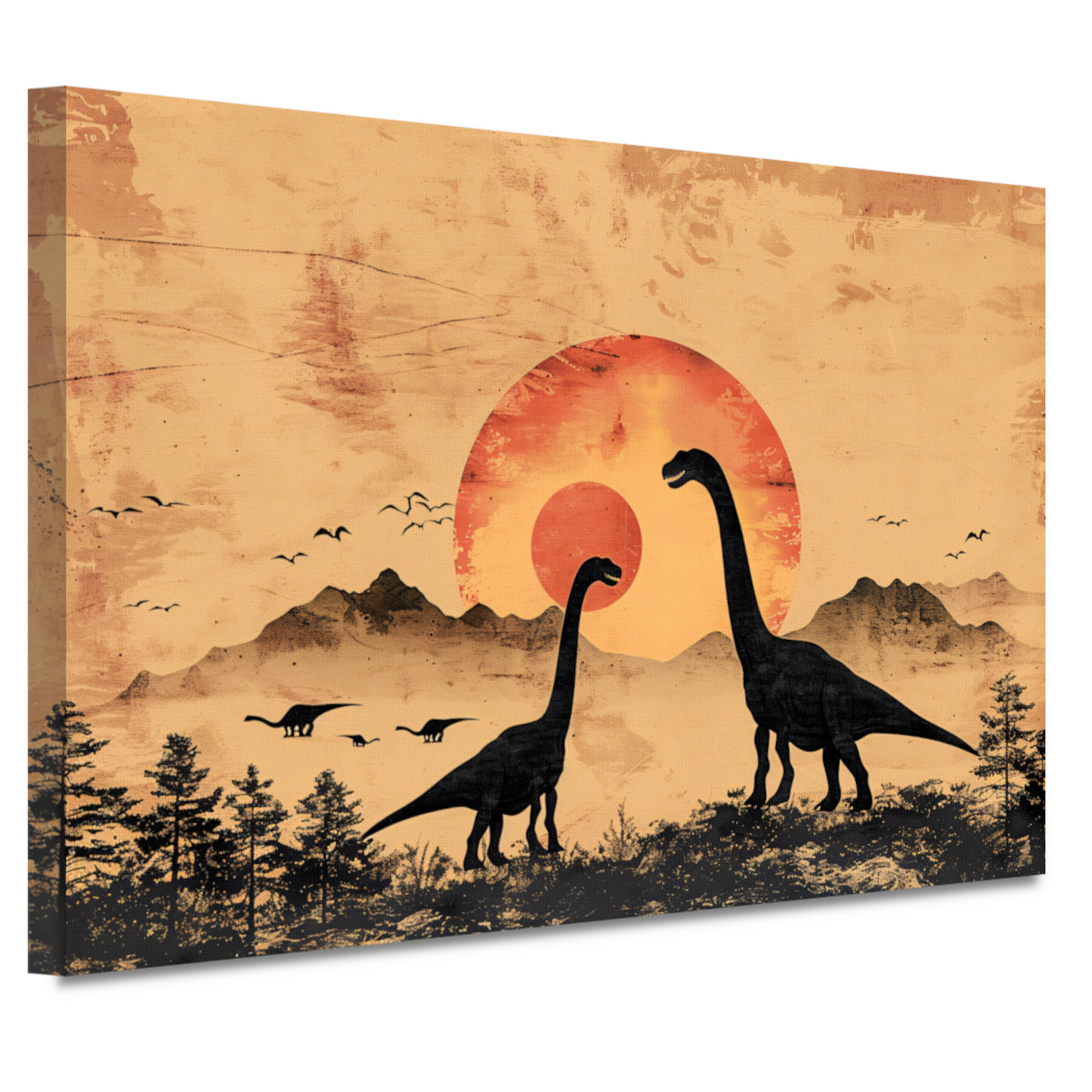 Silhouetten van dinosaurussen tijdens zonsondergang canvas