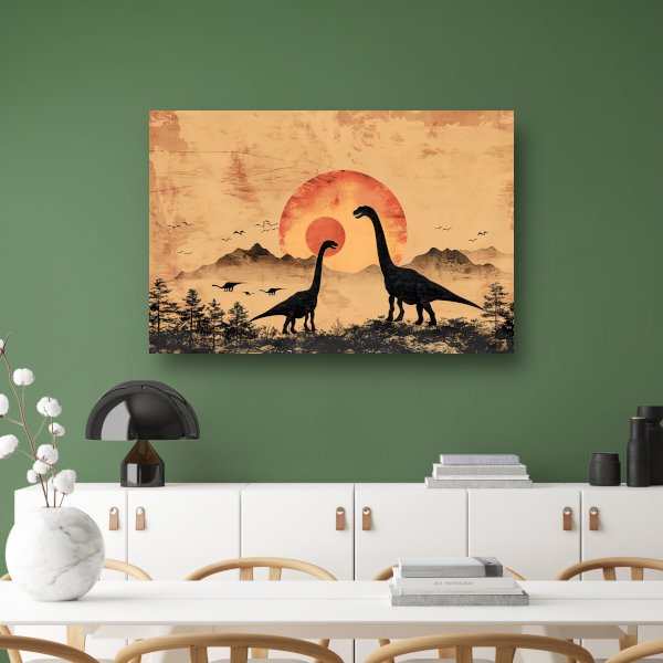 Silhouetten van dinosaurussen tijdens zonsondergang canvas