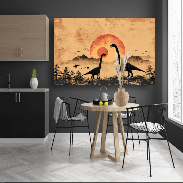 Silhouetten van dinosaurussen tijdens zonsondergang canvas