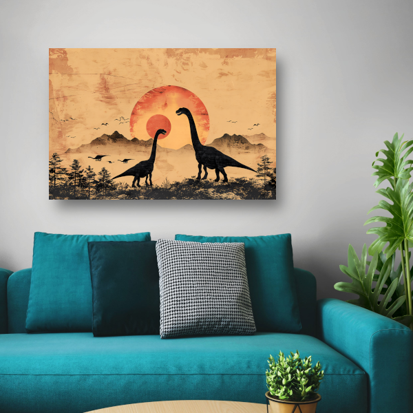 Silhouetten van dinosaurussen tijdens zonsondergang canvas