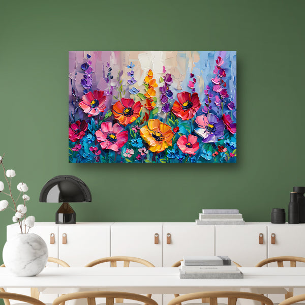 Kleurrijk schilderij van een bloemenveld poster