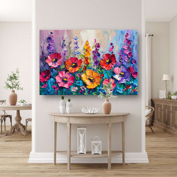 Kleurrijk schilderij van een bloemenveld poster