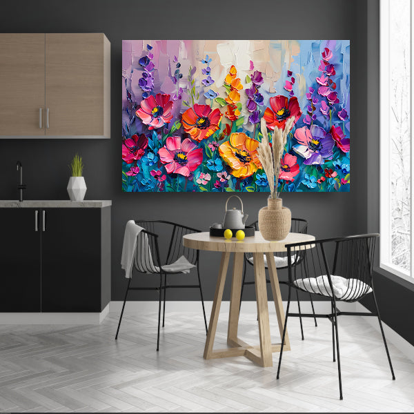 Kleurrijk schilderij van een bloemenveld poster