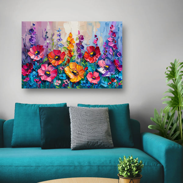 Kleurrijk schilderij van een bloemenveld poster