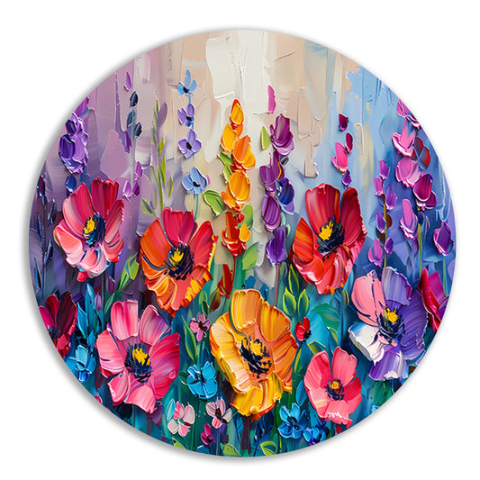 Kleurrijk schilderij van een bloemenveld aluminium muurcirkel
