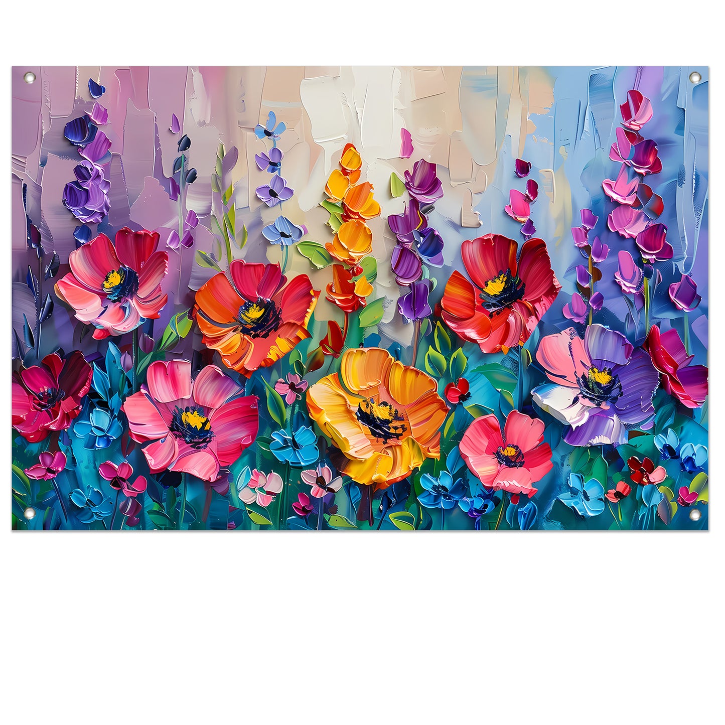 Kleurrijk schilderij van een bloemenveld tuinposter