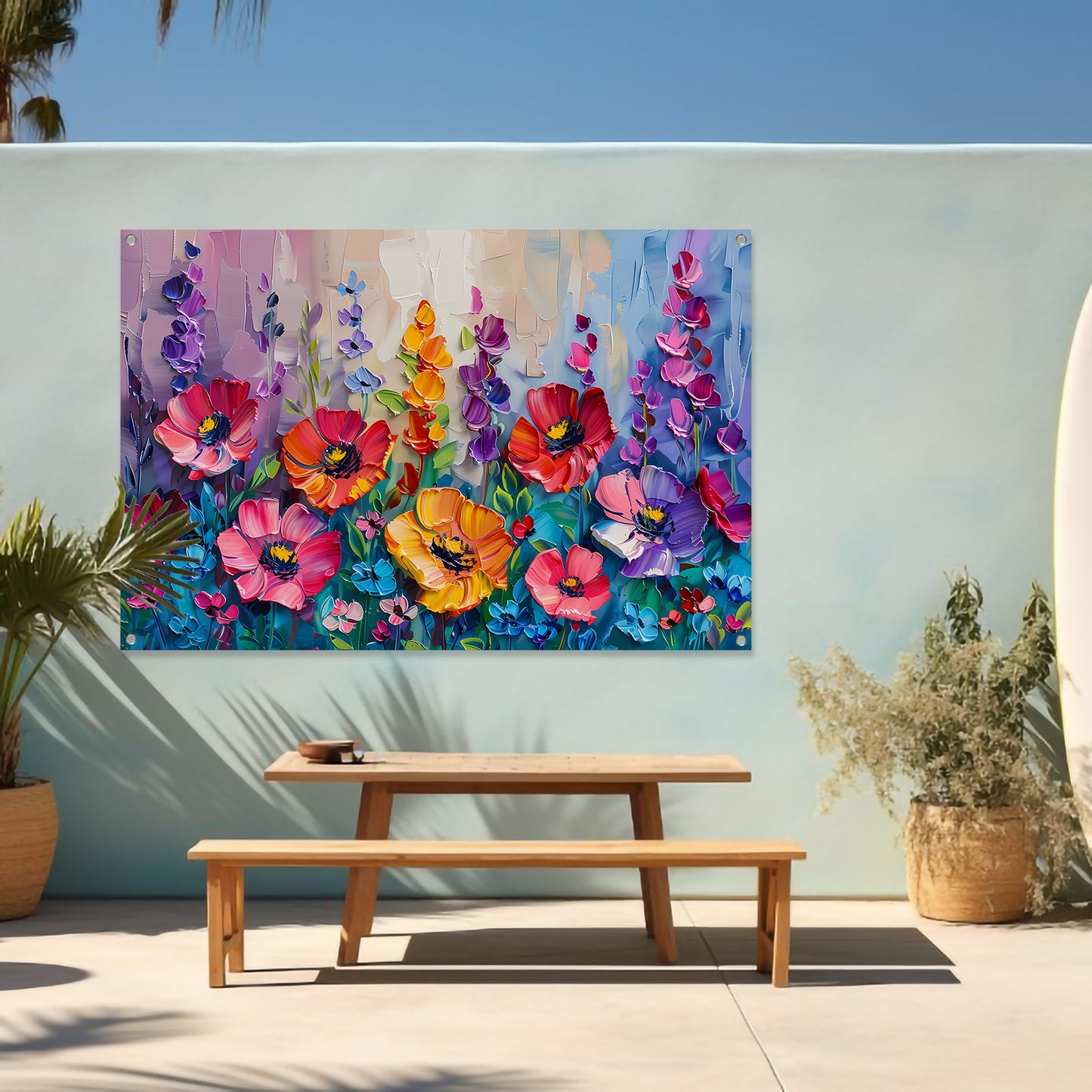 Kleurrijk schilderij van een bloemenveld tuinposter