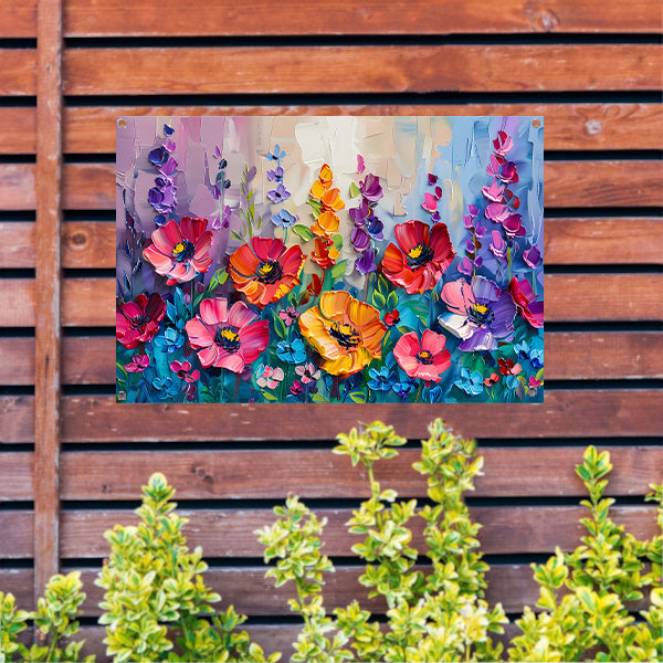 Kleurrijk schilderij van een bloemenveld tuinposter