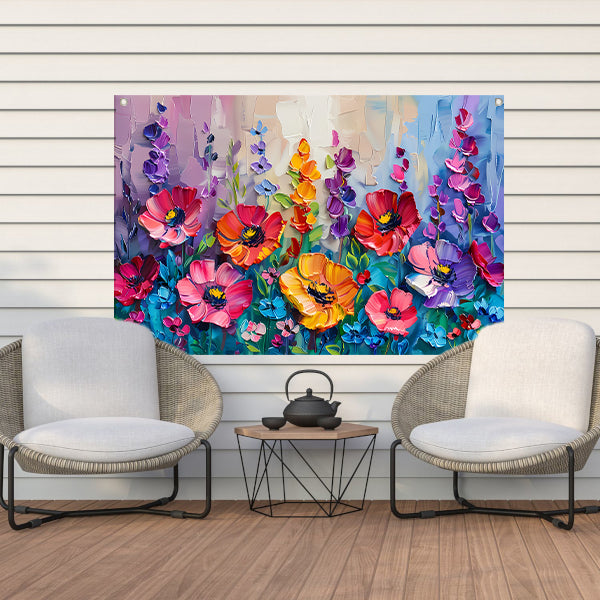 Kleurrijk schilderij van een bloemenveld tuinposter