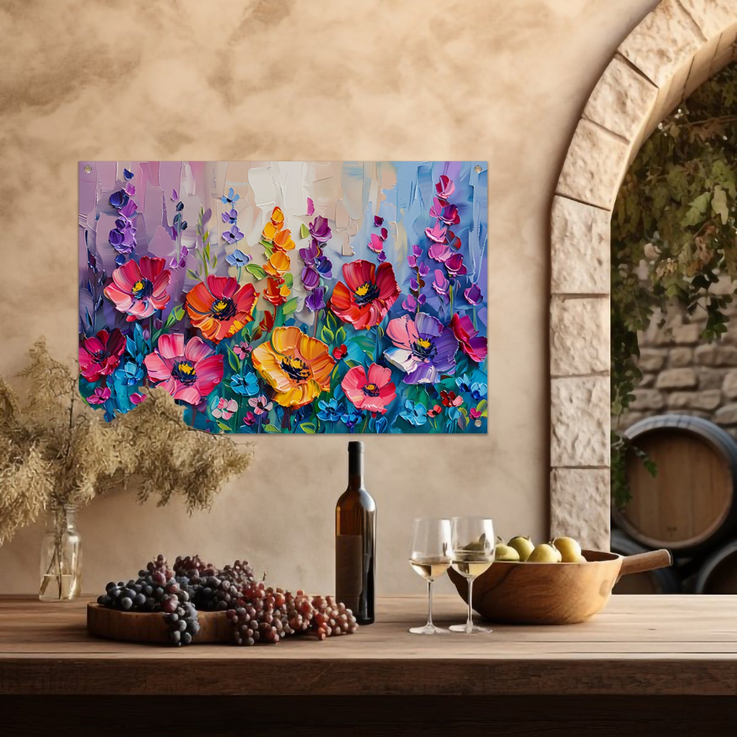Kleurrijk schilderij van een bloemenveld tuinposter
