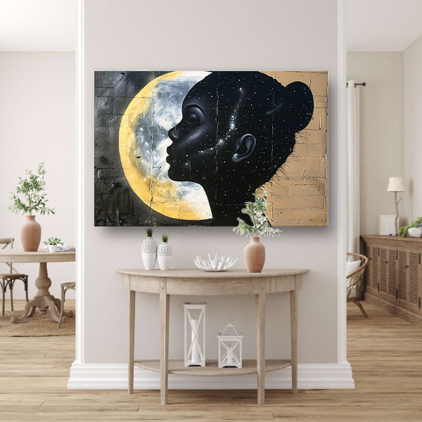 Silhouet van vrouw met sterren en maan poster