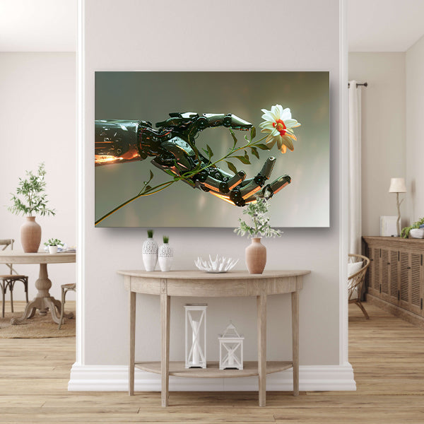 Hyperrealistische robotarm met bloem in contrast acrylglas