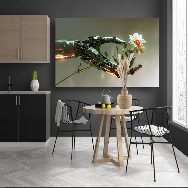 Hyperrealistische robotarm met bloem in contrast acrylglas